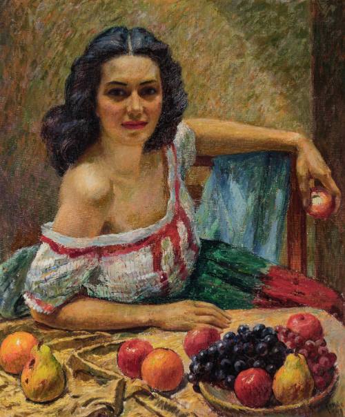 Lady in White and Red Dress with Fruit