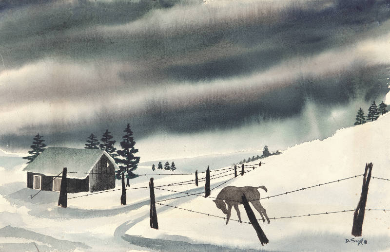 Winter Scene with Farm and Horse