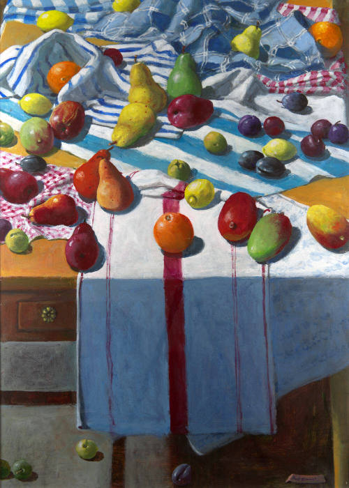 Fruit and Kitchen Towels on a Big Table